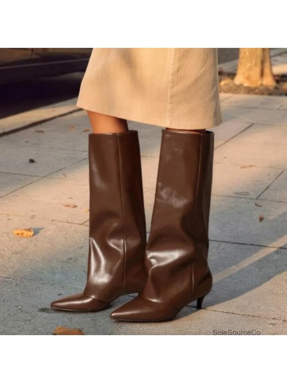 Faux Leather Fold-Over Knee High Boots Pointed Toe Kitten Heel